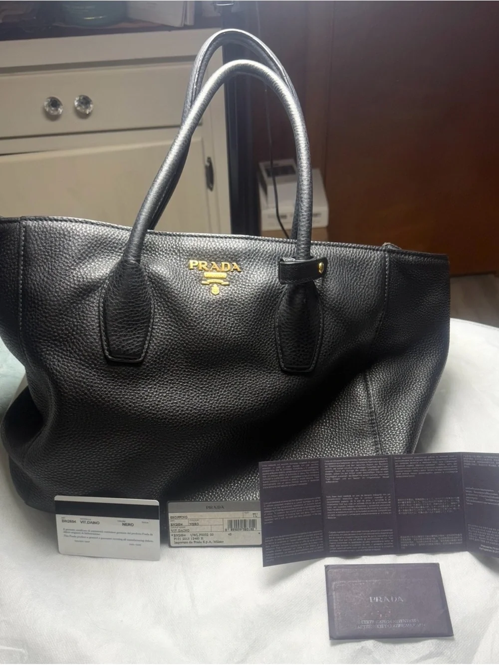 Prada Navy Blue Pebbled Leather Tote with Shoulder Strap